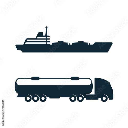 vector gasoline tanker truck vehicle and oil tanker ship set simple flat icon pictogram isolated on a white background. Gas oil fuel, energy power industry symbol, sign