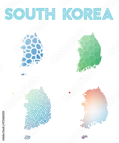 South Korea polygonal map. Mosaic style maps collection. Bright abstract tessellation, geometric, low poly, modern design. South Korea polygonal maps for infographics or presentation.