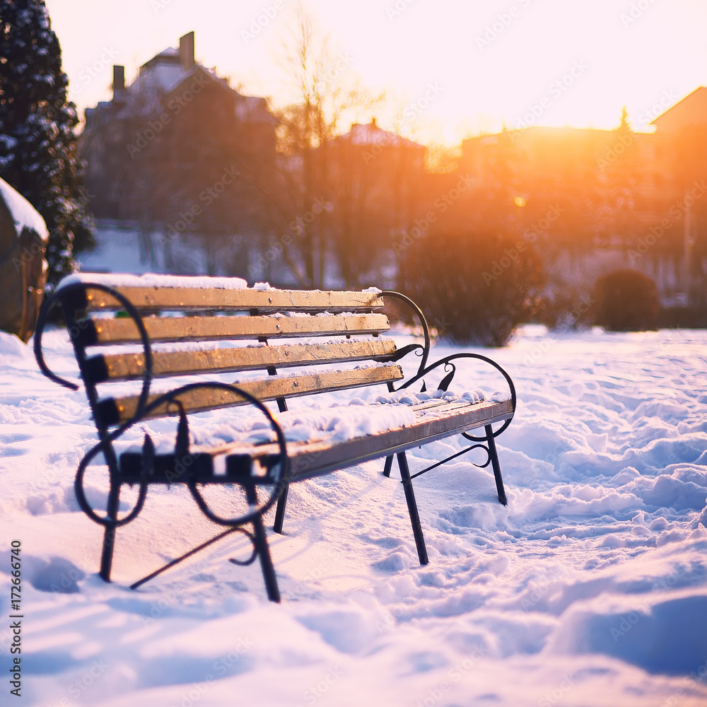 Bench in city park at winter