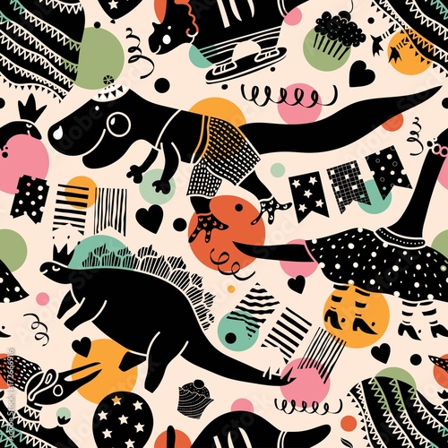 Beautiful happy seamless pattern with dinosaurs. Cool party!