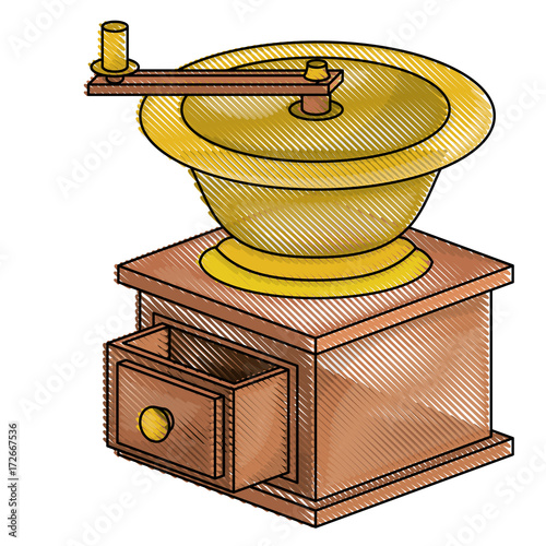 coffee grinding with crank side view colored crayon silhouette vector illustration