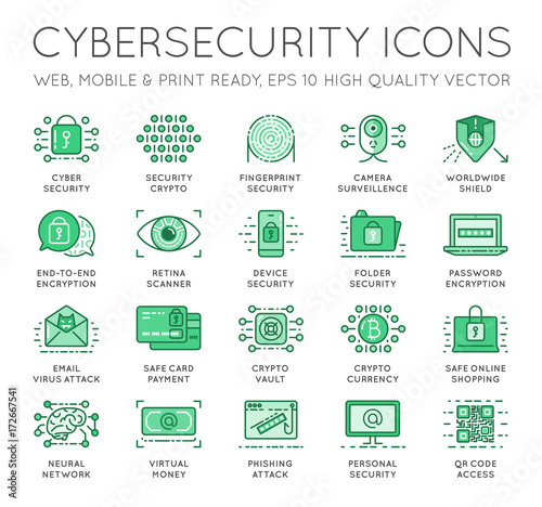 Cyber Security Thin Line icons set. Computer network protection. High Quality Premium outline symbol collection. Stroke vector logo concept.Cybersecurity.