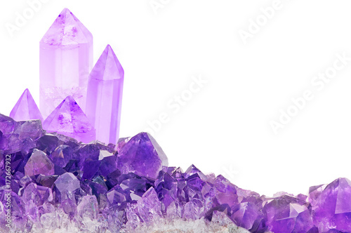 lilac amethyst small and large crystals on white