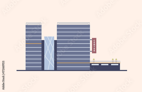 Business, commercial or office center with glass facade built in modern architectural style using natural materials. Ecological design in city building construction. Colorful flat vector illustration.