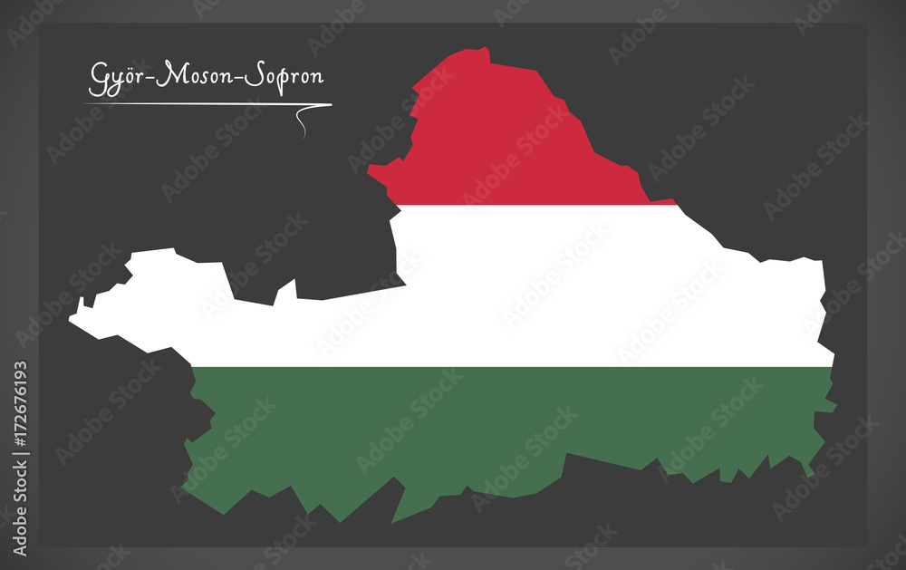 Fototapeta premium Gyor-Moson-Sopron map of Hungary with Hungarian national flag illustration