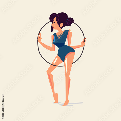 Cute female with Gymnastics Hoop Montage. Hula hoops - vector illustration