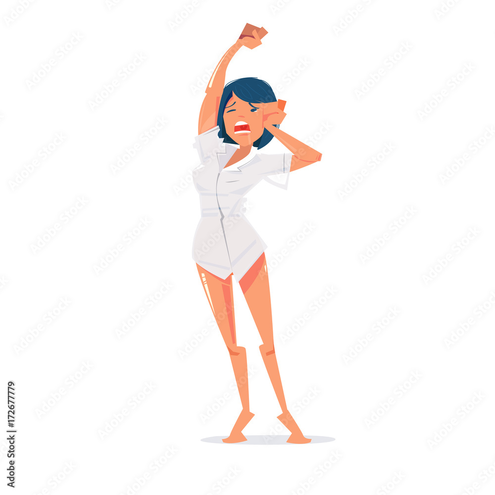cute female stretch in the morning. lazy day. Wake up with a Morning Stretch to Energize you and get you ready for a great day concept - vector illustration