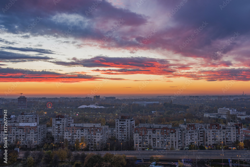 Bucharest view from above at sunset
