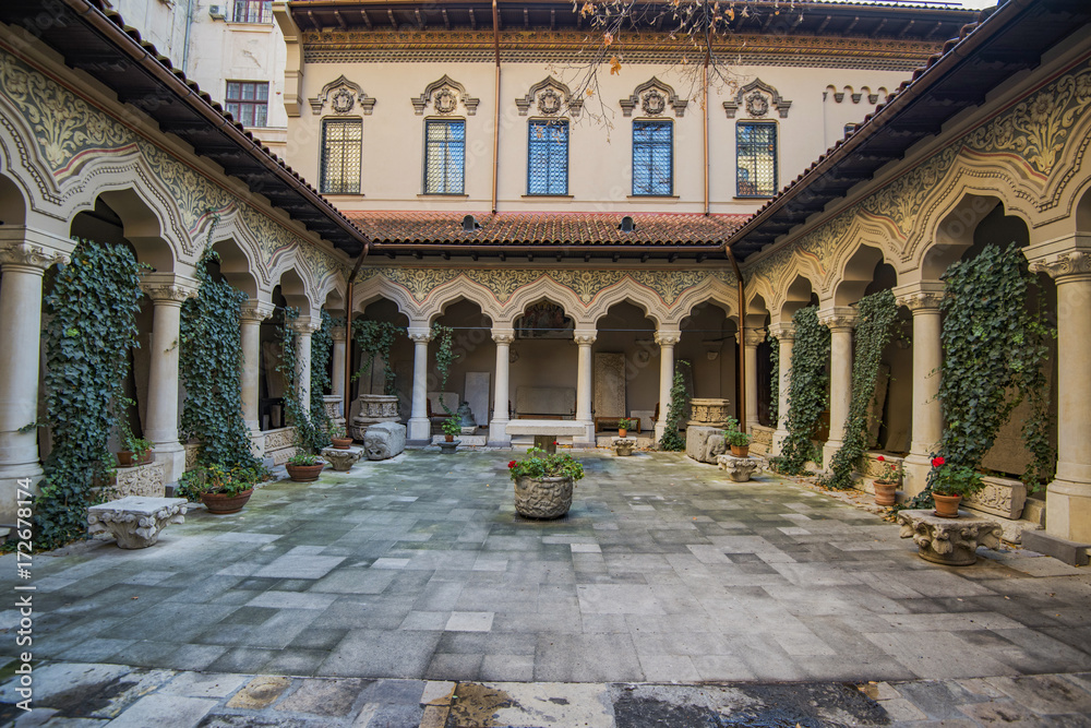 The yard of Stavropoleos church, one of the oldest churches in Bucharest, located right in the old city center.