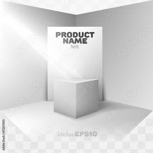 Large empty poster (billboard) mockup (template) stand and pedestal (stand, podium) and spotlight
