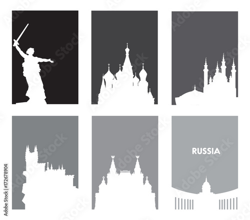 Collection of gray touristic posters with white silhouettes russian sights. Travel templates with space for text