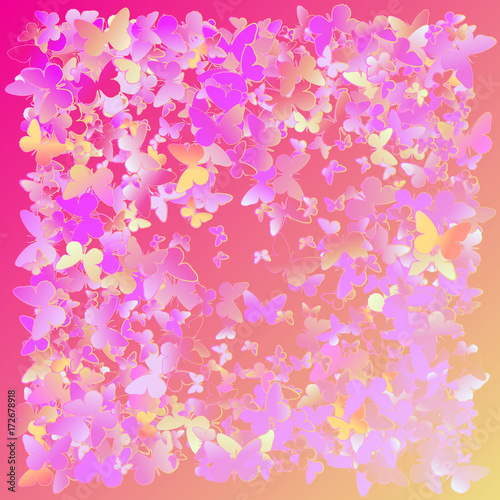Multicolored pink, purple, yellow flying butterflies on a white background. Isolated object. Vector butterflies background design. Colorfull EPS 10 concept. Holiday, children's backdrop