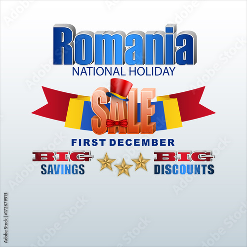 Holiday design, background with 3d texts and national flag colors for first of December, Romanian National holiday, sale, commercial event
