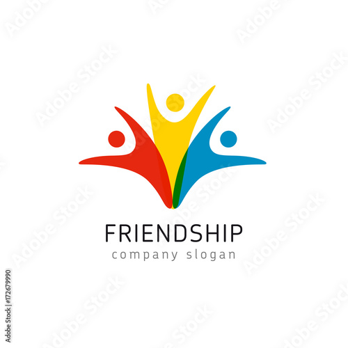 Friendship colored logo united person icon. Trendy flat style colorful buddies vector symbol  group of friends jumping in joy  having fun isolated on white background