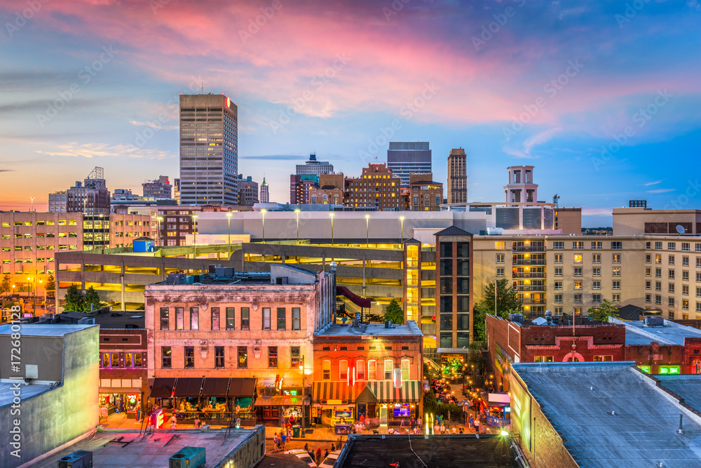 Memphis, Tennessee, USA skyline over Beale Street.