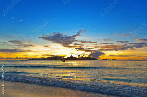 Sunset on tropical beach - Seychelles photo