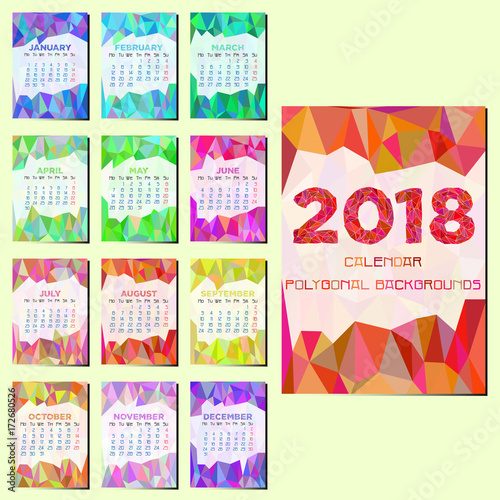 Calendar design with grid for 2018 year for all months with abstract polygonal background in different colors. Vector illustration