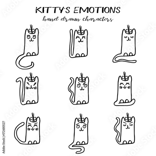 Pussycat emotions collection in hand drawn cartoon technique and grunge style isolated on white. Vector illustration