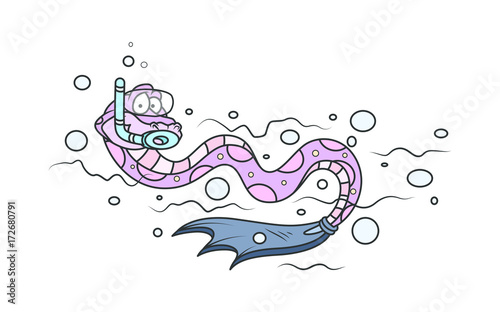 Cartoon Snake with Snorkel Mask and Flipper- clip-art vector illustration 