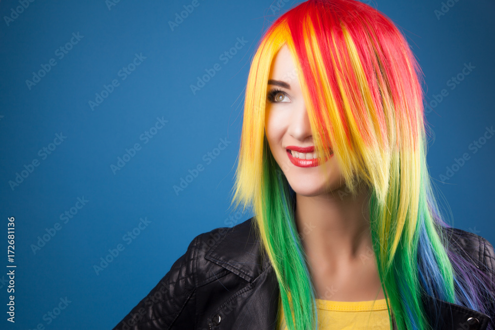 beautiful woman wearing color wig