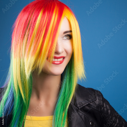 beautiful woman wearing color wig