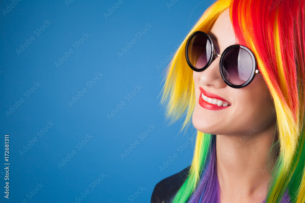 beautiful woman wearing color wig and sunglasses beautiful woman wearing color wig and sunglasses