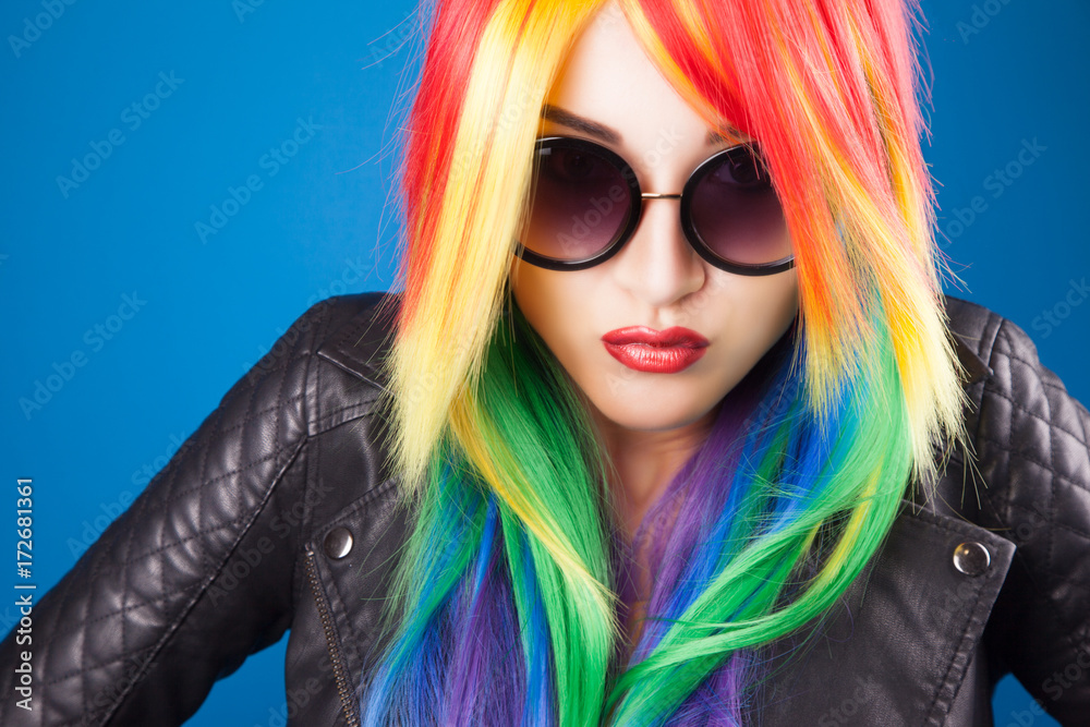 beautiful woman wearing color wig and sunglasses beautiful woman wearing color wig and sunglasses
