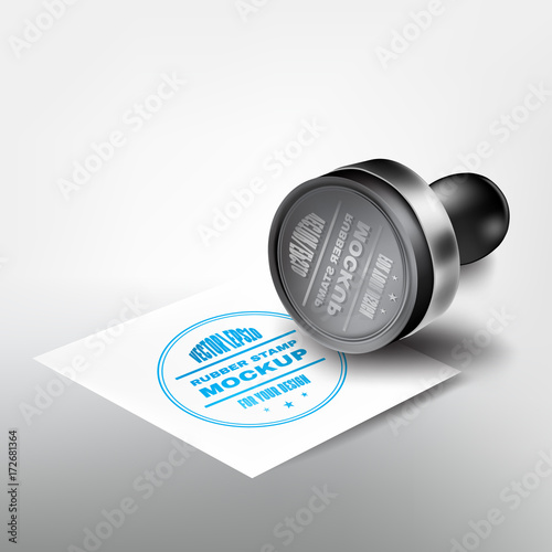 Realistic, beautiful rubber stamp mockup for your design. Rubber stamp with square paper sheet. Vector illustration