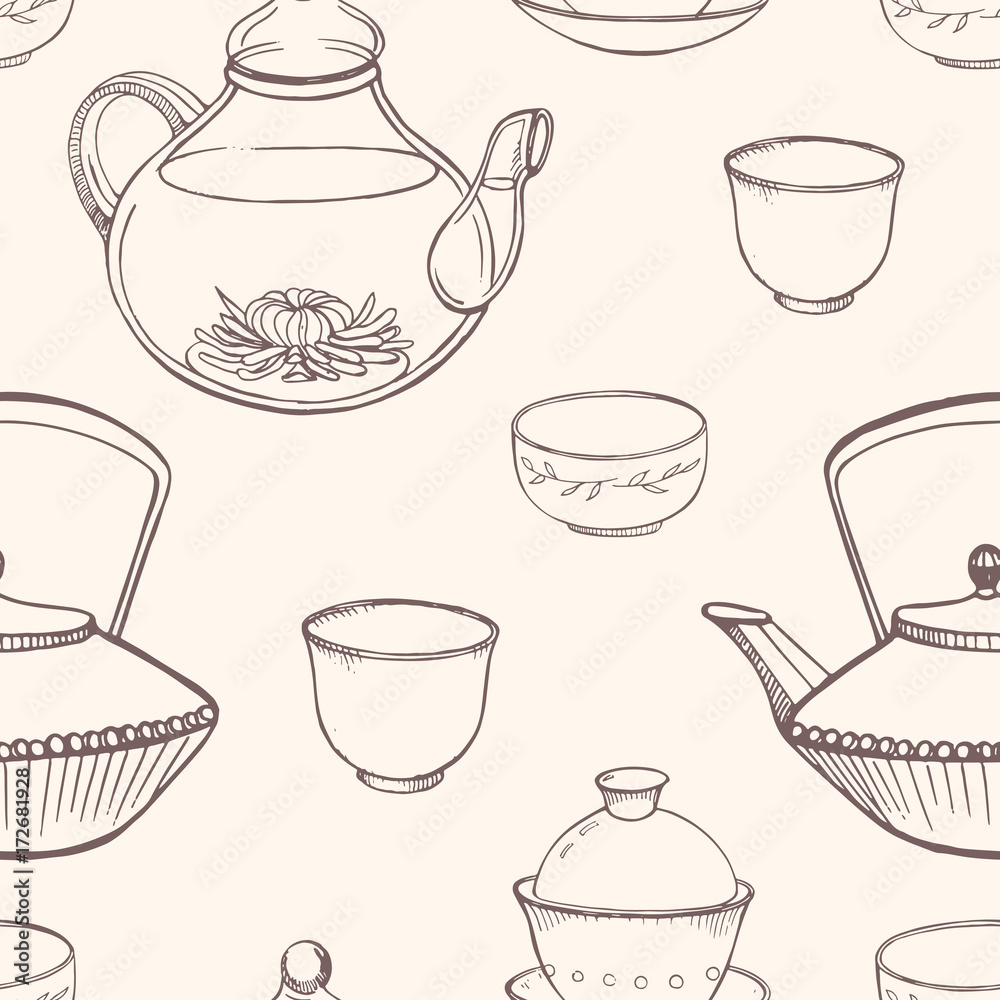 Gorgeous seamless pattern with traditional Asian tea ceremony tools hand drawn in monochrome colors with contour lines - teapot, cups or bowls, kettle. Vector illustration for fabric print, wallpaper.