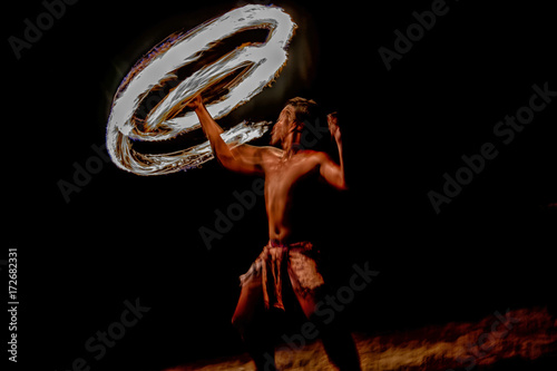 Obraz na plátně Fire dance Cook Islands polynesian dancer with pole of flames