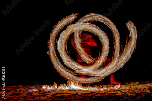 Tablou pe pânză Fire dance Cook Islands polynesian dancer with pole of flames
