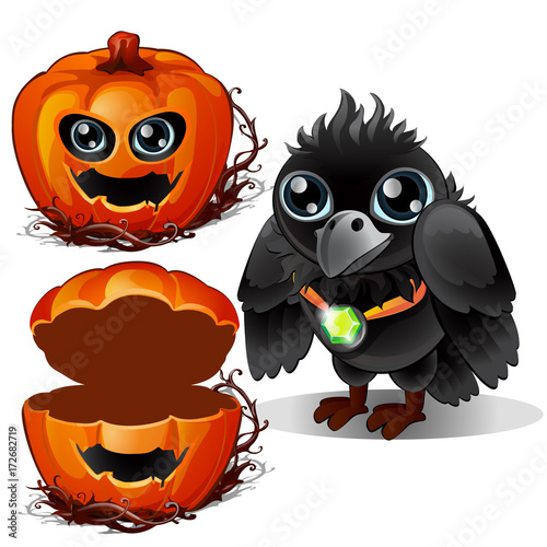 Raven and box of pumpkins. Halloween characters. Bird wears pendant with emerald stone and gourd carved with terrible face. Vector illustration in cartoon style isolated on a white background