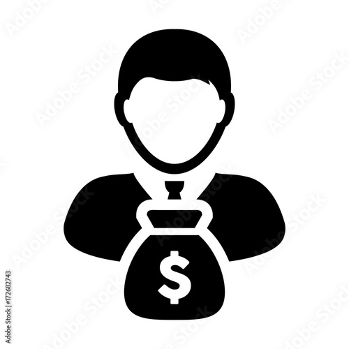 Person Icon Vector With Money Bag Dollar Man Symbol for Banking and Financial Advisor Profile Avatar in Glyph Pictogram illustration