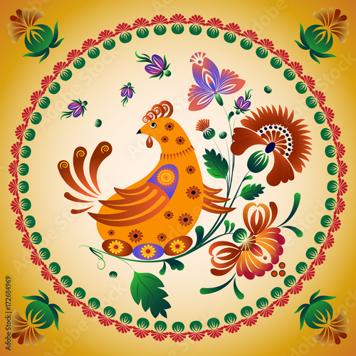 chicken sitting on eggs on a flowering branch of flowers in folk style