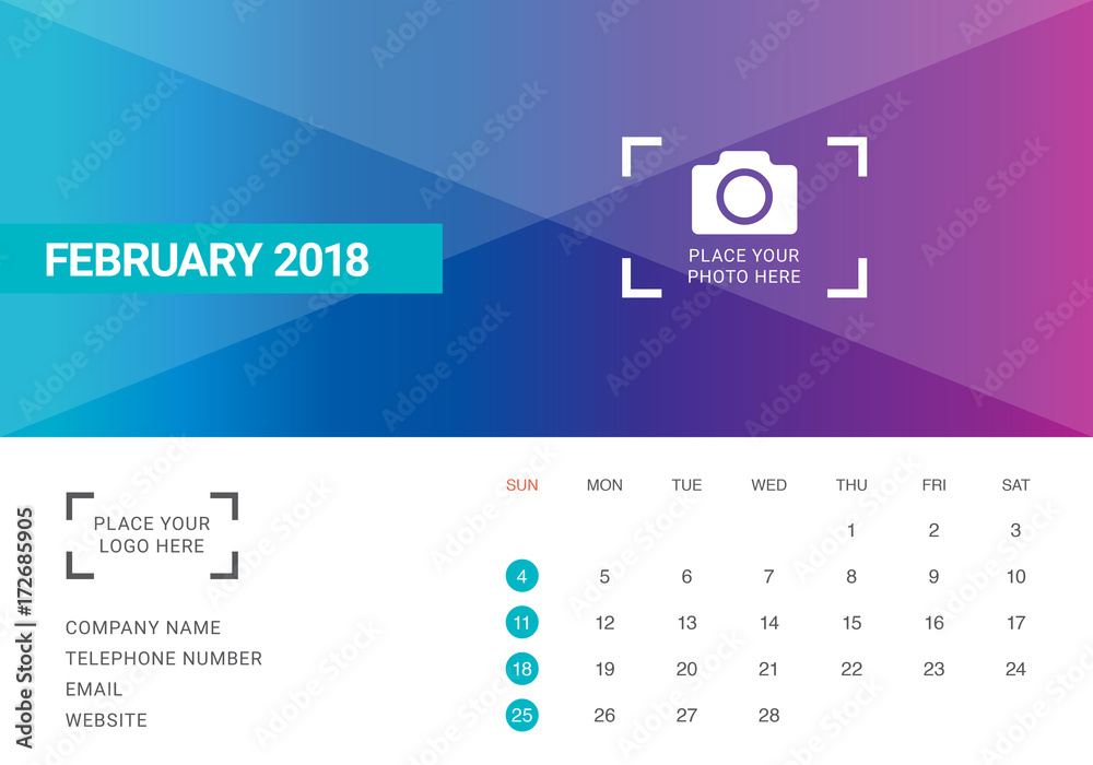 Fototapeta premium February 2018 desk calendar vector illustration