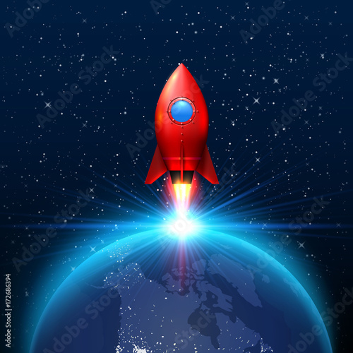 Fototapeta Naklejka Na Ścianę i Meble -  Space red rocket launch creative art, planetary startup . Vector illustration