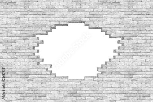 hole in white brickwall brick stone wall texture isolated white background / Loch in ziegelmauer weiß Textur hintergrund isoliert photo