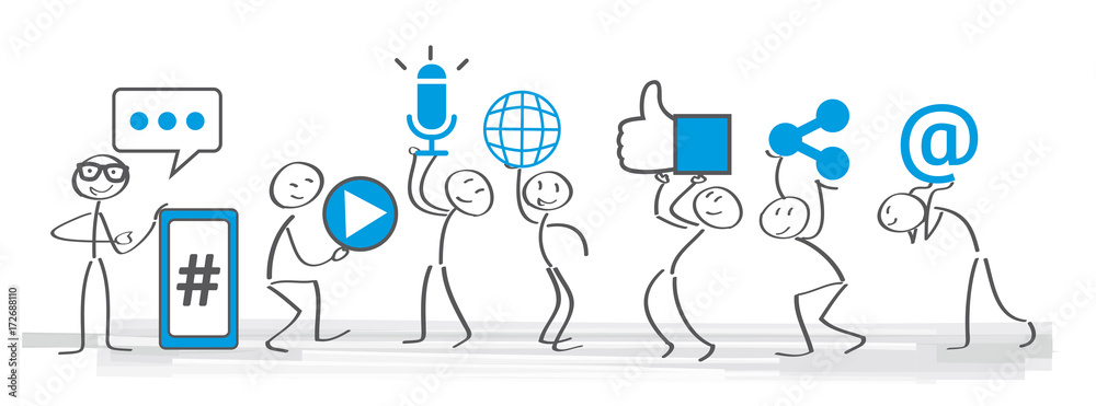 Soziale medien - Banner social media icons vector illustration wih stick figures - obrazy, fototapety, plakaty 