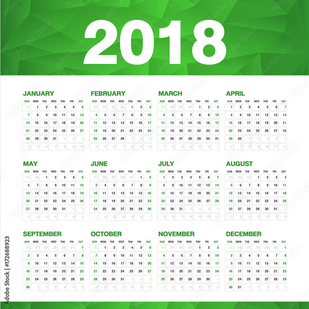 Simple Calendar For 2018 Year Week Starts Sunday Green Flyer