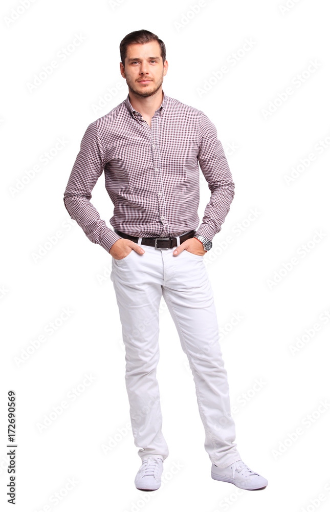 Fototapeta premium Full body portrait of young happy smiling cheerful business man, over white