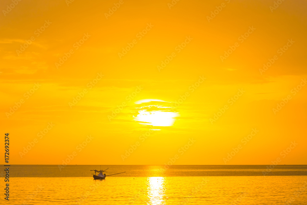 The golden sun in the morning of a new day on the sea in the Gulf of Thailand