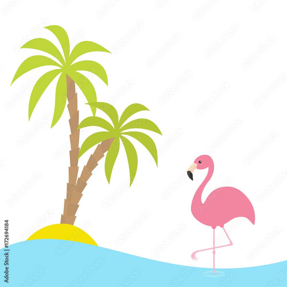 Obraz premium Pink flamingo standing on one leg. Two palms tree, island, ocean, see water. Exotic tropical bird. Zoo animal collection. Cute cartoon character. Flat design. White background. Isolated.