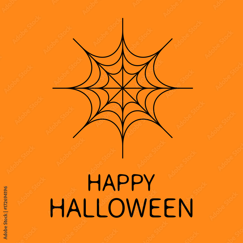 Obraz premium Happy Halloween card. Spider round web. Black cobweb . Decoration element. Flat design. Orange background.