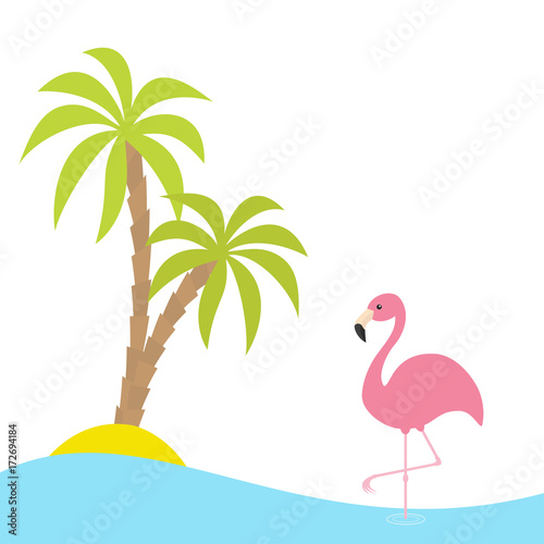 Pink flamingo standing on one leg. Two palms tree  island  ocean  see water. Exotic tropical bird. Zoo animal collection. Cute cartoon character. Flat design. White background. Isolated.