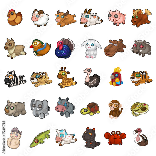 Animals, birds, pets soft stuffed toy set. 30 icons isolated in white background. Vector illustration in cartoon style