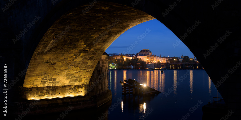 Night view under Charles Bridge on the Prague National Theater