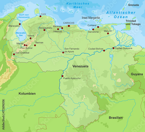 Venezuela Landkarte mit Höhenschichten (Land) (detailliert)
