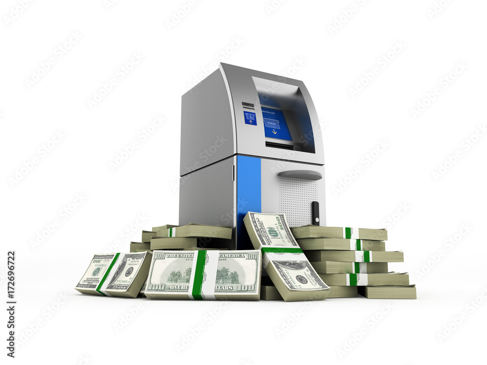 ATM surrounded by 100 dollar bankrolls Bank Cash Machine in pile of money american dollar bills isolated on white background 3d ATM surrounded by 100 dollar bankrolls Bank Cash Machine in pile of money american dollar bills isolated on white background 3d