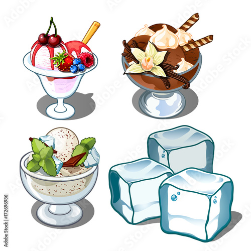 Three delicious ice cream with berries, mint and chocolate and ice cubes. Vector dessert isolated on white background
