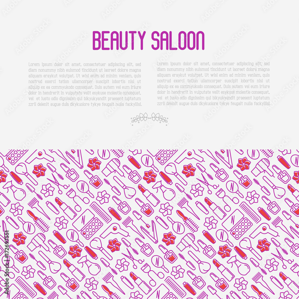 Beauty saloon concept with thin line icons of cosmetics, make up and beauty accessories. Vector illustration for banner, web page, print media with place for text.